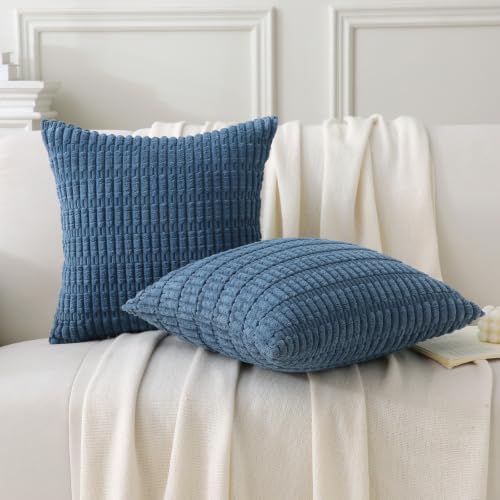 2 Pack Corduroy Decorative Throw Pillow with Inserts, 20x20 Inch Soft Boho Throw Pillow, Square Striped Throw Pillows for Couch, Bed, Sofa Decor (Blue)