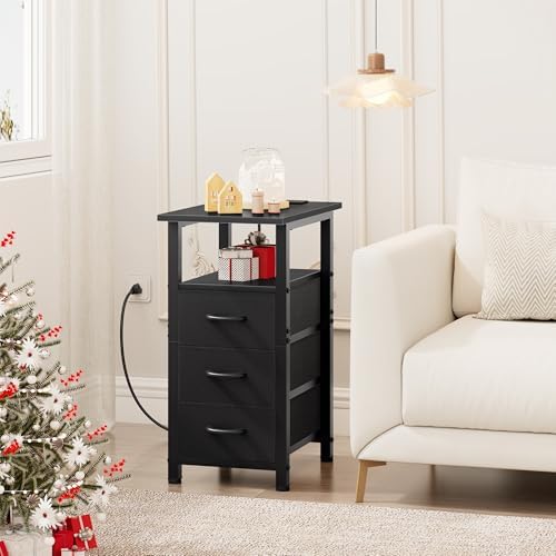 Vagusicc Black End Table with Charging Station Set of 2, Narrow Side Table, Narrow Nightstand with 3 Fabric Drawers, Slim Sofa Side Table for Small Spaces, Small Night Stand for Bedroom, Black