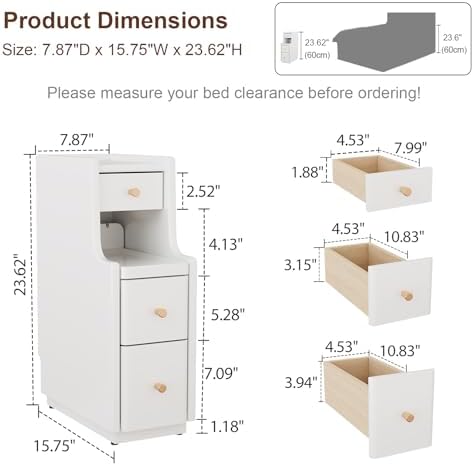 Solid Wood Narrow Nightstand with 3 Drawers,Modern White,Fully Assembled