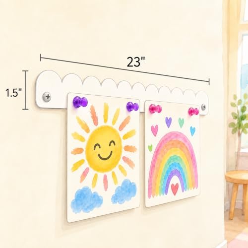 Scalloped Magnetic Art Display for Kids Artwork & Photos (Set of 3) – Kids Artwork Display for Wall – Magnetic Photo Display Strips with Push-Pin Magnets (White, 23in (3 Pack))