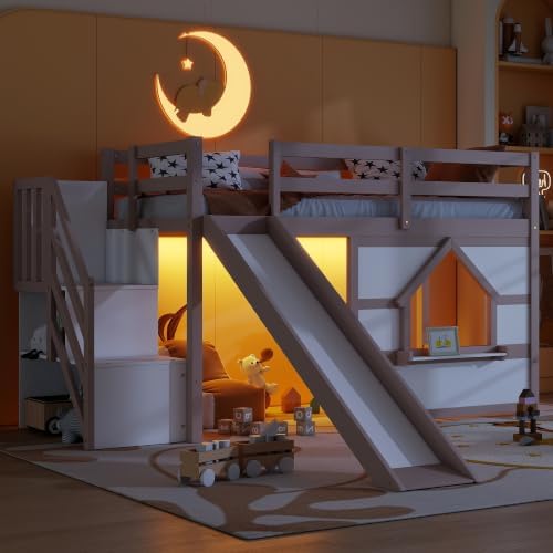 Bellemave Twin Low loft/bunk Bed with Slide and Storage Staircase LED for Kids,Wood Loft Beds,White +Beige