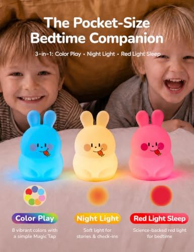 Slumber Pal, Bunny Silicone Squishy Night Light for Kids, Cute Night Lamp