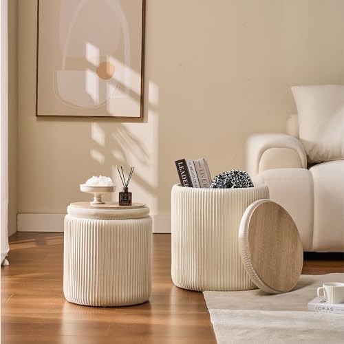BLEXA Set of 2 Round Storage Ottoman, White Velvet Ottoman with Storage