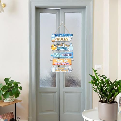 HLNIUC Colorful Bathroom Rules Wood Decor,Watercolor Playful Cartoon Bathroom Wooden Hanger,Duck Bubble Bath Hanging Signs,Toothpaste Wall Decor,Towel Rack Wall Sign For Bathroom Home Decoration