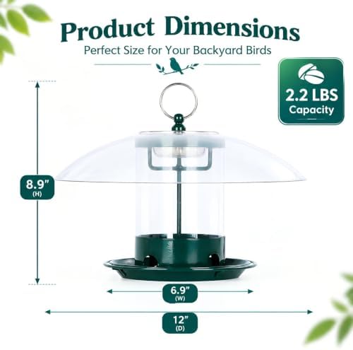 Gbekery Metal Bird Feeders for Outdoors with 12” Weatherproof Dome, Green