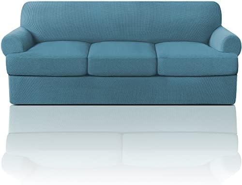 PrinceDeco T Cushion Sofa Slipcover 4 Pieces Sofa Covers for Couch, Soft Couch Cover Slip Covers with 3 Individual T Cushion Shape Seat Covers Width Up to 88 Inch, Washable, Storm Blue
