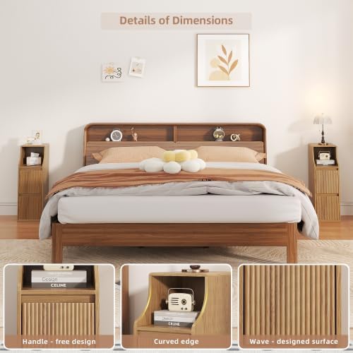 Fluted Narrow Nightstand Set of 2, Mid Century Modern Small Bedside Table with 2 Drawers, Wooden Skinny Vintage Side Table, Night Stand, Slim End Table for Bedroom, Natural