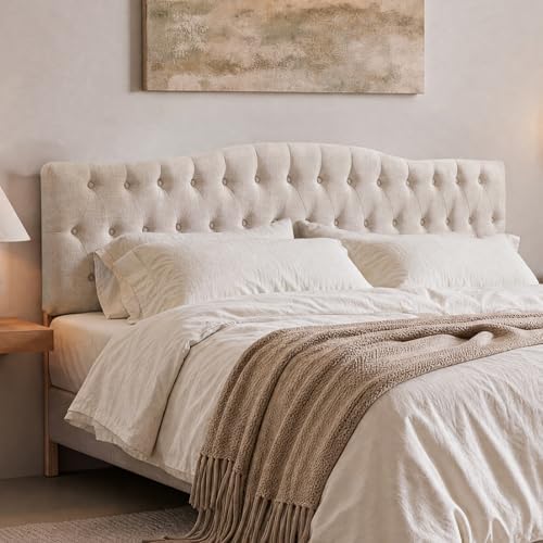 Iroomy Upholstered Full Headboard, Button Diamond Tufted Headboard with Adjustable Height and Solid Wood Leg, Linen Fabric Padded Headboards for Full Size Bed, Mordern Head Board, Beige