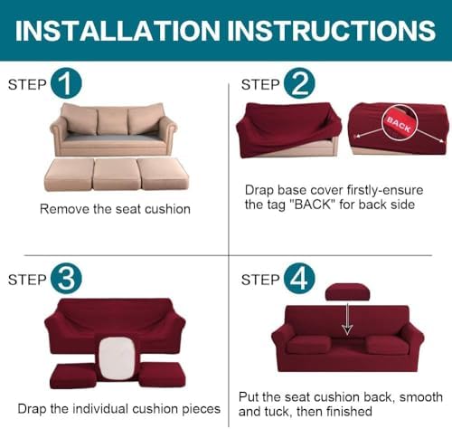 Turquoize 4 Piece Sofa Covers for 3 Cushion Couch Sofa Slipcover Soft Couch Cover for Dogs Washable Furniture Cover with 3 Individual Large Cushion Covers Feature Fabric (Large Sofa, Burgundy)