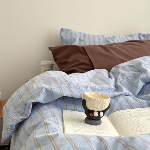 AOJIM Sky‑Blue & Warm‑Taupe Striped Duvet Cover Twin XL 3Pcs Retro Bedding