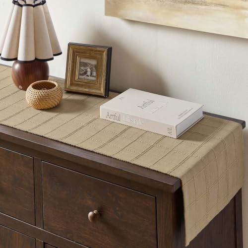 ZeeMart Linen Checked Farmhouse Table Runner, 13x72 Inches Camel