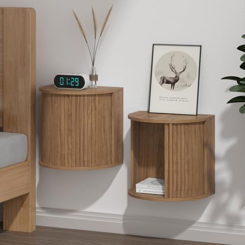 Floating Nightstand Set of 2 with Sliding Roller Shutter Doors,Walnut