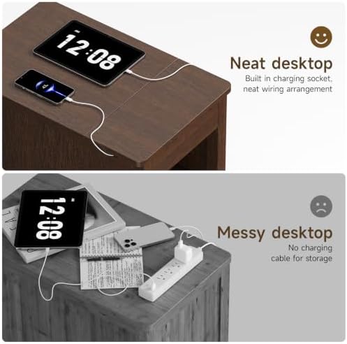ONBRILL Rustic End Table with Charging Station, Narrow Side Table, Walnut