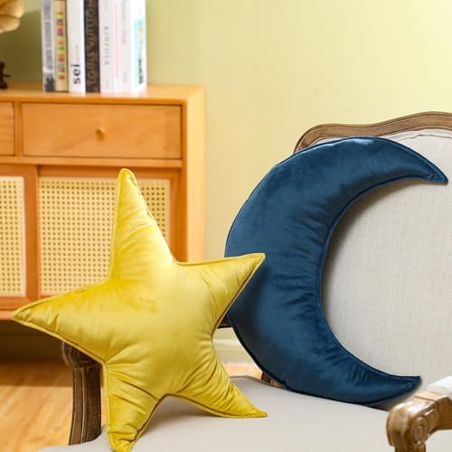 Beeveer 2 Pcs Moon Star Pillow for Kids, Soft Velvet Nursery Decor