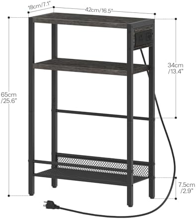 HOOBRO Small Narrow Side Table with Charging Station, Skinny End Table for Small Spaces, Slim Nightstand with USB Ports Outlet, Sofa Beside Table with Storage Shelf, Charcoal Black BC102UBZ01
