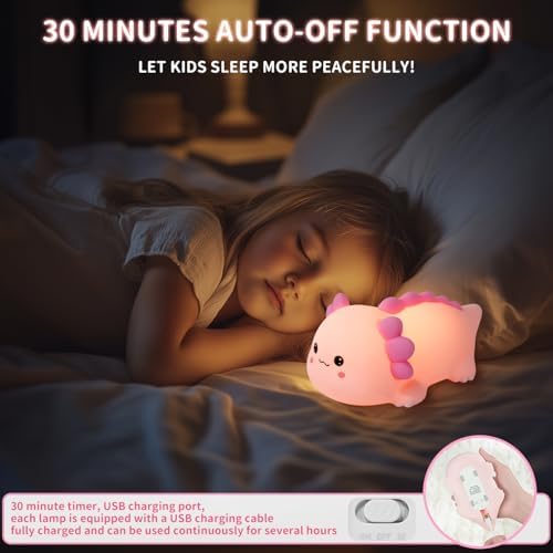 Axolotl Silicone Nursery Night Light, Dimmable LED Night Lamp with Timer,Cute Squishy Animal Rechargeable Lamp with Touch Sensor Gifts for Kids Girls&Baby Room Decor (Axolotl B)