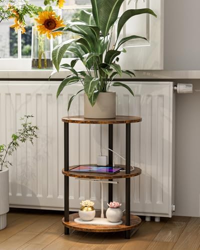 XBurmo Small Round End Table - 3 Tier Design Accent Table, Narrow Side or Bedside Stand, Industrial Vintage Table for Small Spaces, Built-in USB Ports and Power Outlet, Rustic Brown
