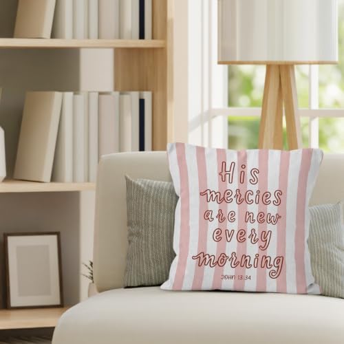 Preppy Pink Striped Christian Bible Verse Throw Pillow Cover 18x18