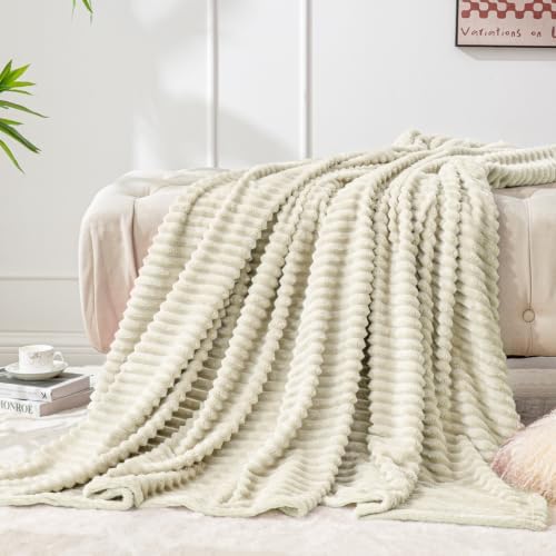 BEDELITE Ribbed Jacquard Beige Fleece Throw Blanket for Couch, 50x70 Inch
