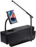 Removable Sofa Armrest with Cup Holder, PU Leather Multifunctional Couch Caddy Storage Arm Rest with Power Wireless Charging Stand & LED Reading Light for Sofa Middle Seat Parts