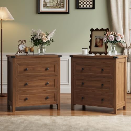 Farmhouse Nightstands Set of 2, Bedside Table with Drawer, Walnut
