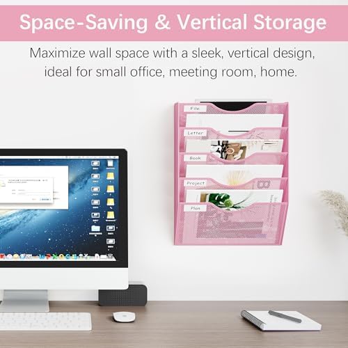 EasyPAG Wall File Organizer 5 Tier Hanging Paper Folder Holder, Zero Assembly Metal Mesh Wall Mounted Mail Organizer for Office Home Classroom Narrow Spaces, Pink