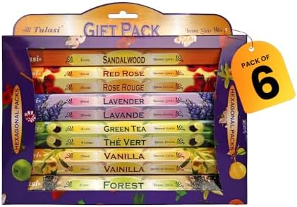 Tulasi Incense Sticks with Natural Oils Set of 6 Fragrances (120 Sticks) Hand Rolled Incense Sticks, Calming Home Aromatherapy, Meditation, Relaxing, Mixed Scents with Natural Oil