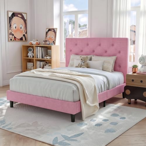 HOMBCK Twin Bed Frame for Kids, Upholstered Platform Bed Frame, Pink