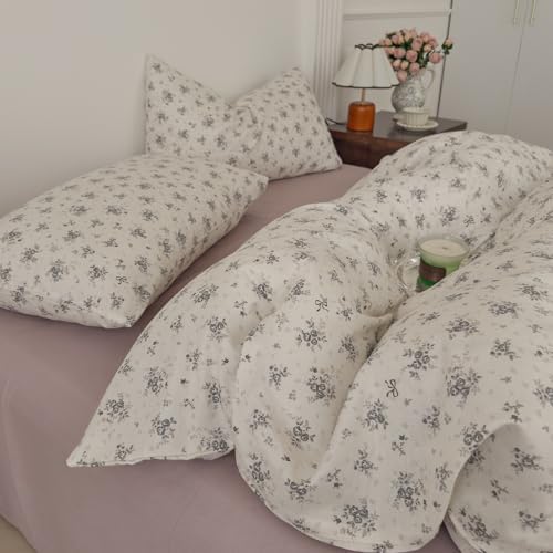 Floral Duvet Cover Queen Cotton Double Gauze Comforter Cover Queen Size Aesthetic Boho Cottagecore Vintage Duvet Cover Set with Zipper Country Soft Bedding Set for Girls Duvet Protector