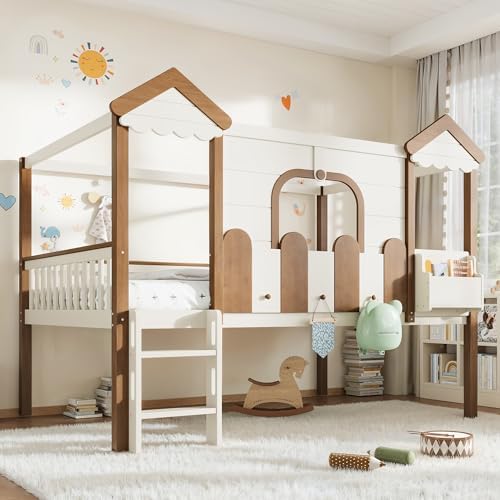 Full Over Full Size House-Shaped Wooden Bunk Bed Frame with Storage Bookshelf & Drawer & Roof & Windows, Detachable Design Bunk Bed, No Box Spring Required, Easy Assembly, for Bedroom, Beige