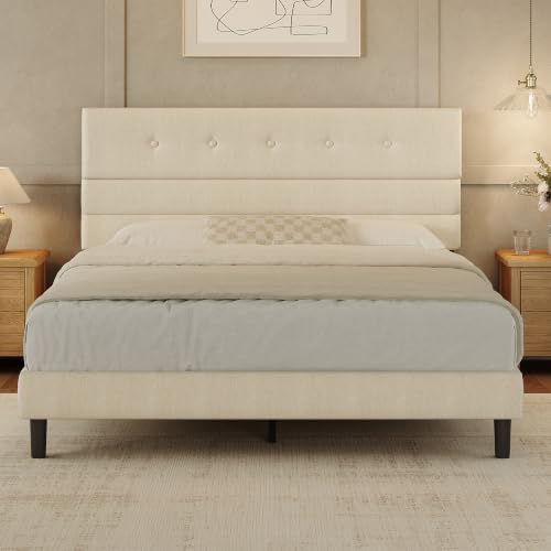 GRUSIGN Queen Size Bed Frame with Linen Fabric Headboard, Adjustable Height Upholstered Platform Bed Frame with Wooden Slats, Easy Assembly, Beige