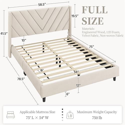 Yaheetech Full Bed Frame with Chevron Channel-Tufted Headboard, Beige