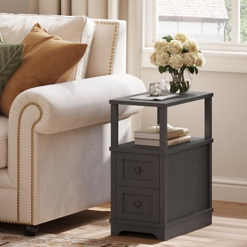 Farmhouse Slim Side Table with 2 Drawers, Wood Black End Table,