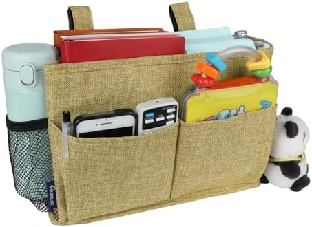 Surblue Bedside Caddy Hanging Bed Organizer Storage Bag Pocket for Bunk and Hospital Beds, College Dorm Rooms Baby Bed Rails, Camp 4 Pockets and 2 Hooks (Small,Linen)