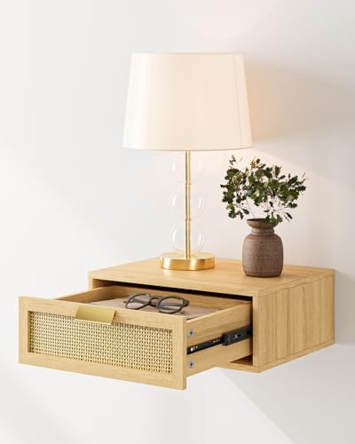 Aienvey Floating Nightstand, Floating Shelf with Drawer, Oak Rattan