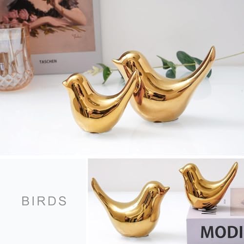2 Ceramic Bird Figurines, Gold Bird Statues for Shelf and Bookshelf Decor