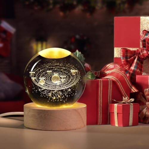 Glowing Crystal Ball 3D Inner Carved Small Light with Wood Base, Decorative Creative Gift Luminous Crystal Ball for Christmas Classmates and Kids Birthday (CuriousCat)