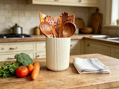 Large Stoneware Kitchen Utensil Holder for Kitchen Counter & Countertop Cooking Utensil Holder Spatula Holder Utensil Crock for Kitchen Counter Vertical Ribbed Fluted Stripe (Speckled Beige)
