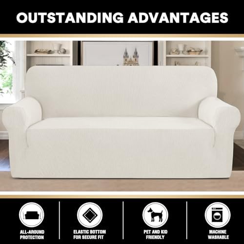 PrinceDeco Couch Covers for 3 Cushion Couch Sofa Pet Friendly Extra Large Couch Cover for Oversized Sofa Washable Furniture Protector Fitted Sofa Slipcovers Stay in Place(XL Sofa, Porcelain)