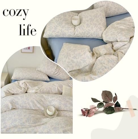 Blue Floral Duvet Cover Set King Size 3PCS Cotton Double-Layer Gauze Comforter Cover and 2 Pillowcases Soft Breathable Aesthetic Bedding Duvet Cover for Kids Adults Chic Floral Print Duvet Protector