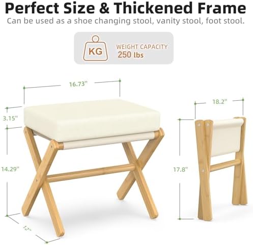 BAMBOOHOMIE Foldable Foot Stool Ottoman, Modern Foot Rest with Bamboo X Legs & Thick Foam Cushion, Folding Foot Stools Small Padded for Bedroom Living Room, Footstool for Chair Couch (Natural - Beige)