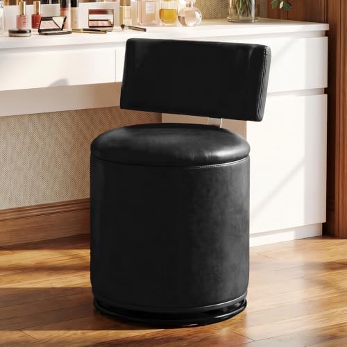 Swivel Vanity Chair with Storage, Faux Leather Makeup Stool with Higher Back for Living Room, Bedroom, Dressing, Black