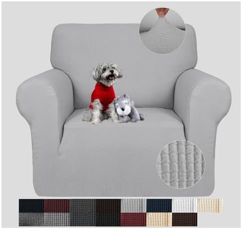 JIVINER Super Stretch Chair Slipcovers with Arms 1-Piece Jacquard Small Checks Living Room Armchair Covers Soft Anti Slip Sofa Couch Furniture Protector for Kids Pets (Chair, Light Gray and White)