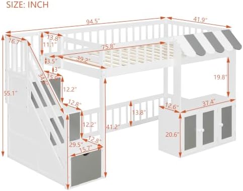 LUMISOL Twin Size Loft Bed with Storage Steps and Under Bed Cabinets, Playhouse Loft Bed Frame with LED Light, White+Gray