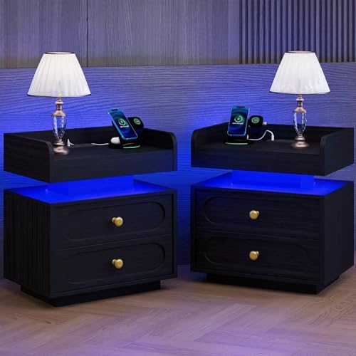 4ever2buy Black Nightstand Set of 2 with Charging Station and LED Lights