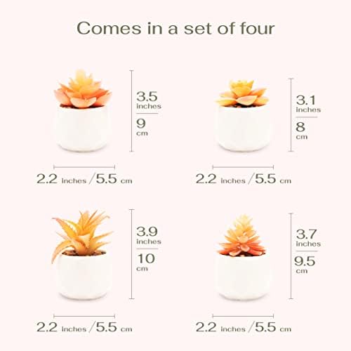 VIVERIE Mini Orange Artificial Succulent in Pots (White Ceramic, 4 Pot Set) Fake Plants for Indoors, Office Home Halloween/Christmas Decor Gifts-Faux Plant Gifts for Women