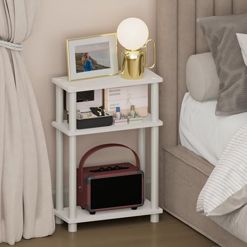 Furinno Turn-N-Tube Narrow Night Stand, 3-Tier Rectangular Nightstand with Storage Shelf, Slim Toolless Bedside Table, End Table, Side Table, for Bedroom, Closet, Dorm, White
