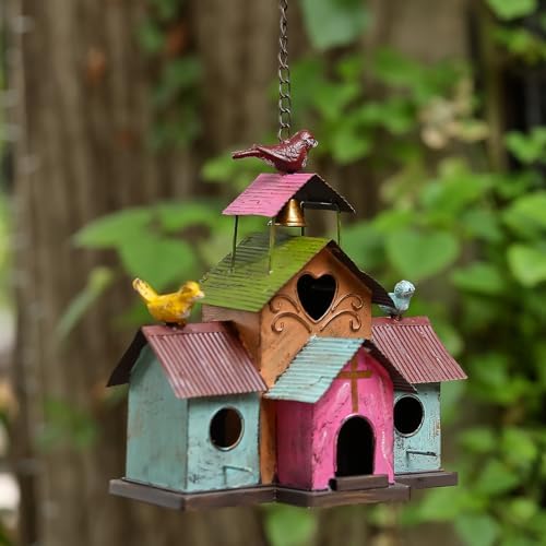 Large Bird Houses for Outside Hanging, 4 Hole Outdoor Bird House with Bell, Easy Clear, Colorful Metal Bird Houses for Outside.