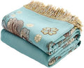VANJOROY King Boho Throw Blanket 91" x 98", 100% Organic Cotton Breathable Skin-Friendly Ultra Soft Bed Quilt Blue Throw - Floral Rustic Decor Luxury Reversible Blanket for Sofa Couch Chair and Gift