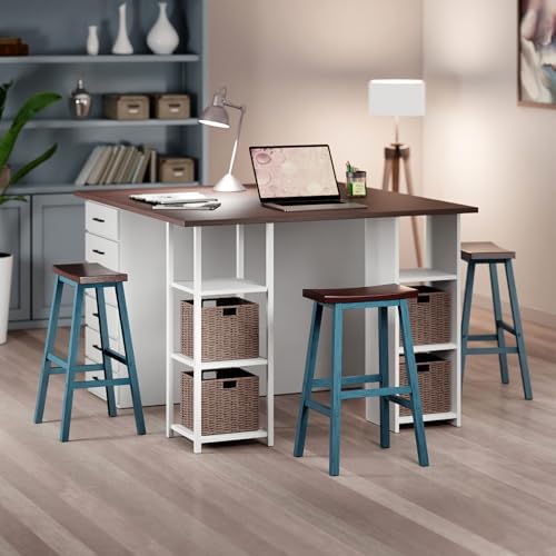 Winsome Satori Saddle Seat 29" Bar Stool Rustic Teal and Walnut